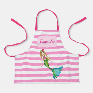 Beautiful Mermaid Pink White Stripes Pattern Apron