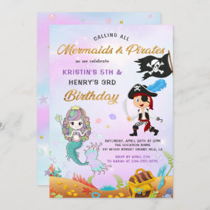 Beautiful Mermaid & Pirate Under The Sea Birthday Invitation
