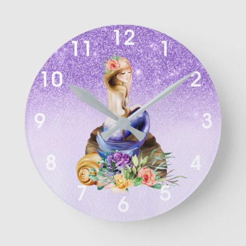 Beautiful Mermaid Purple Sparkle Round Clock