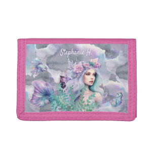 Beautiful Mermaid seahorse purple teal custom text Tri-fold Wallet