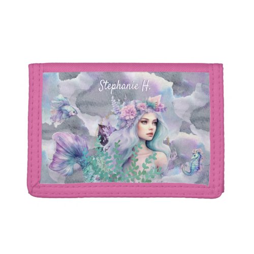 Beautiful Mermaid seahorse purple teal custom text Trifold Wallet