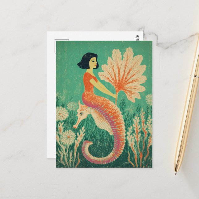 Beautiful Mermaid Seahorse Retro Postcard (Front/Back In Situ)