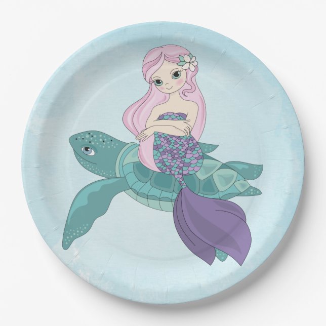 Beautiful Mermaid Sitting on a Sea Turtle Paper Plates (Front)
