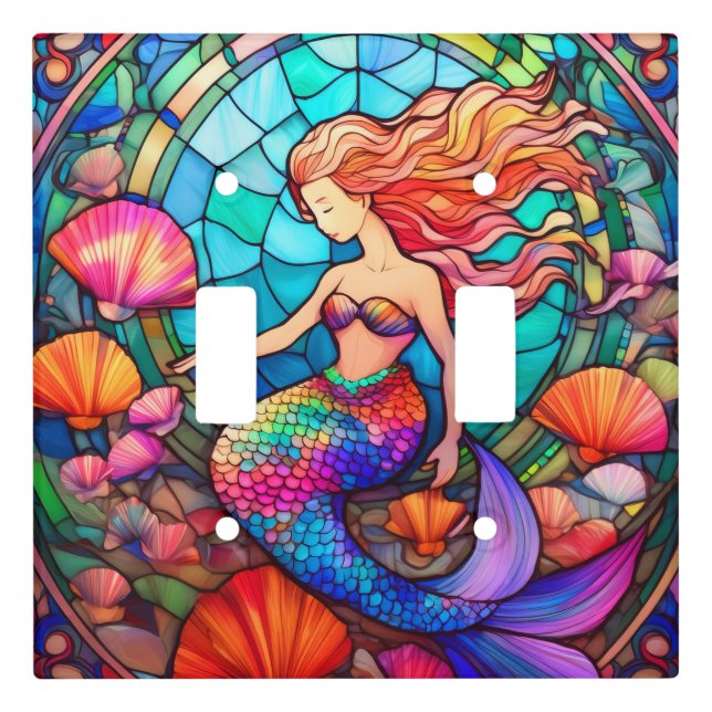 Beautiful mermaid stained glass art puzzle light switch cover (Front)