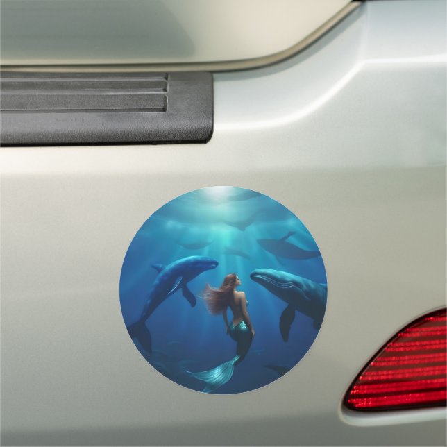 Beautiful Mermaid Swimming With Humpback Whales, Car Magnet (In Situ)
