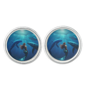 Beautiful Mermaid Swimming With Humpback Whales, Cufflinks