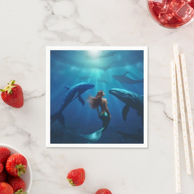 Beautiful Mermaid Swimming With Humpback Whales, Napkins (Insitu)