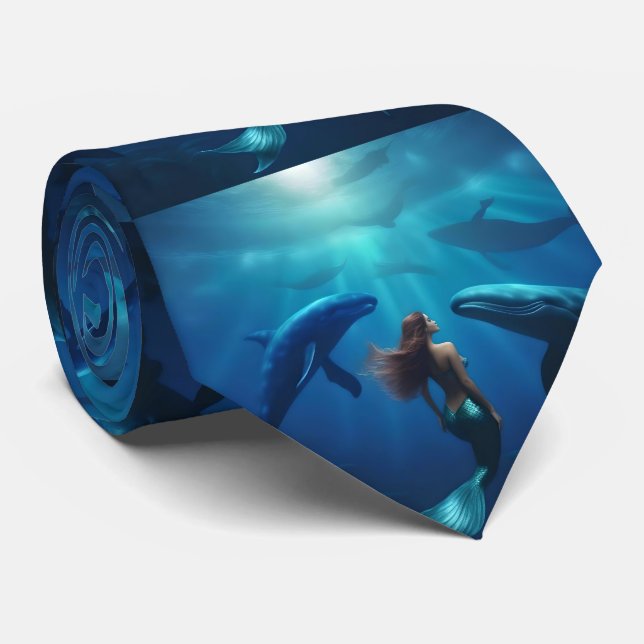 Beautiful Mermaid Swimming With Humpback Whales, Neck Tie (Rolled)