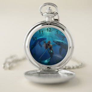 Beautiful Mermaid Swimming With Humpback Whales, Pocket Watch