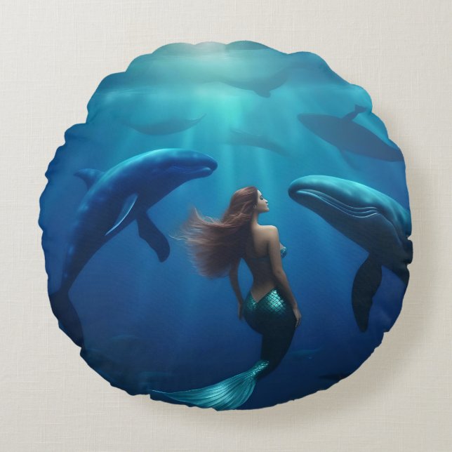 Beautiful Mermaid Swimming With Humpback Whales, Round Pillow (Front)