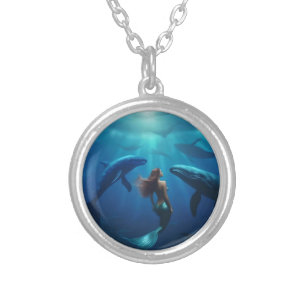 Beautiful Mermaid Swimming With Humpback Whales, Silver Plated Necklace