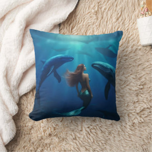 Beautiful Mermaid Swimming With Humpback Whales, Throw Pillow