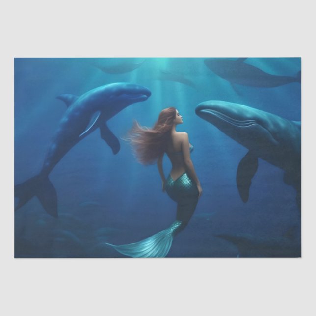Beautiful Mermaid Swimming With Humpback Whales, Tissue Paper (Front)