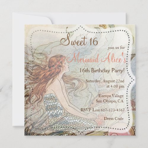 Beautiful Mermaid Vintage Sweet 16 Birthday Invite