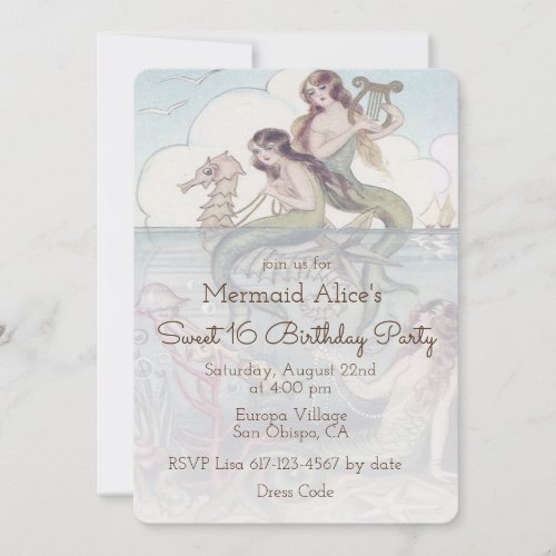 Beautiful Mermaid Vintage Sweet 16 Birthday Invite