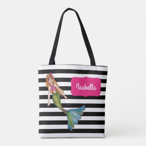 Beautiful Mermaid with Long Blonde Hair Stripes Tote Bag