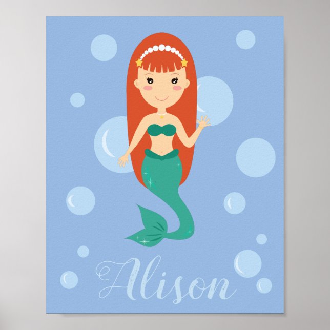 Beautiful mermaid with red hair swimming in ocean poster (Front)