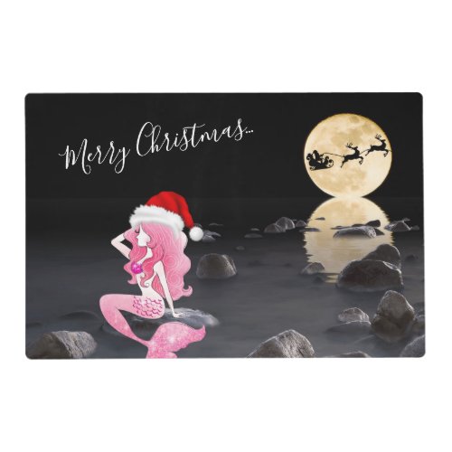 Beautiful Mermaid with Santa Hat Merry Christmas Placemat