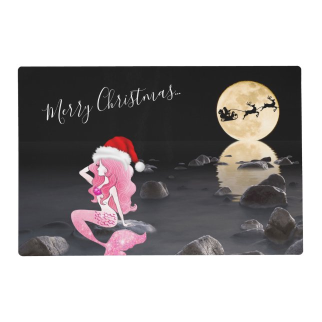 Beautiful Mermaid with Santa Hat Merry Christmas Placemat (Front)
