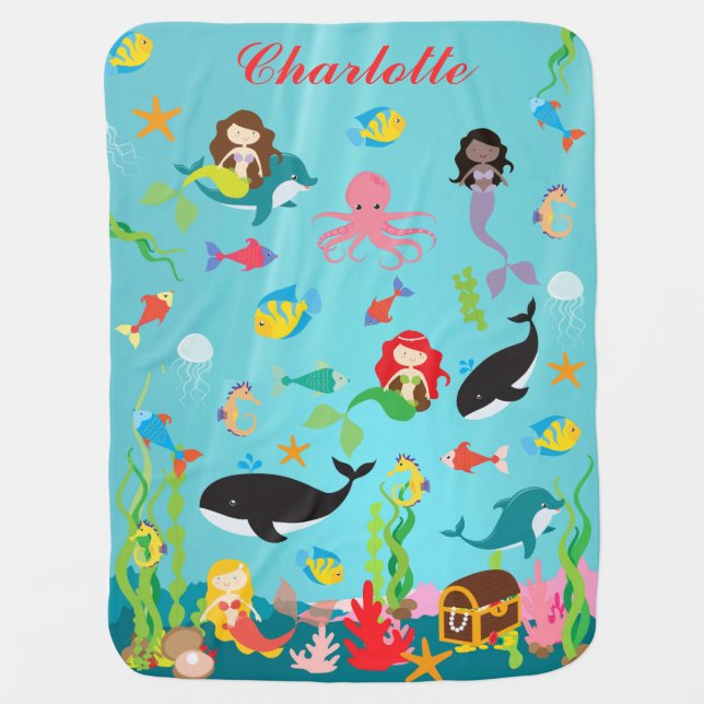 Beautiful Mermaids & Sea Life Custom Name Receiving Blanket (Front)