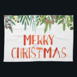 Beautiful "Merry Christmas" Berry and Branches  Kitchen Towel<br><div class="desc">Elegant hand lettered red and green Merry Christmas Illustration kitchen towel</div>