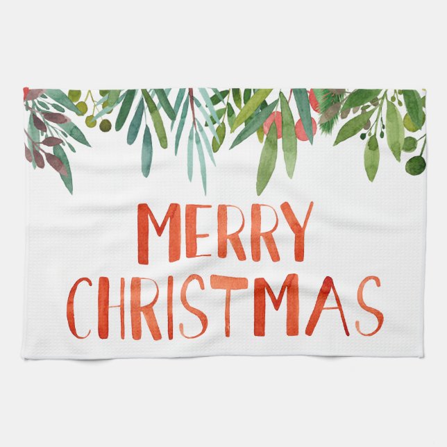 Beautiful "Merry Christmas" Berry and Branches  Kitchen Towel (Horizontal)