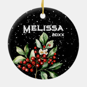 BEAUTIFUL MERRY CHRISTMAS, HOLLY SPRIG, STOCKING,  CERAMIC ORNAMENT