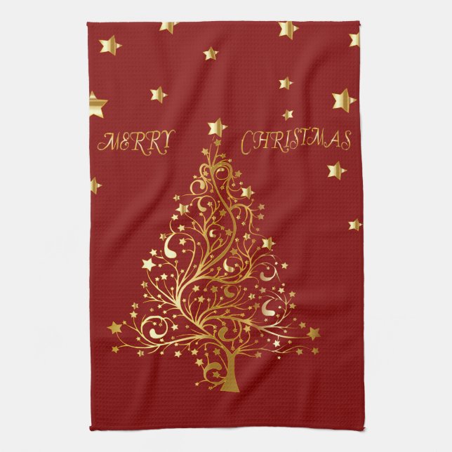 Beautiful metallic gold Christmas tree on dark red Kitchen Towel (Vertical)