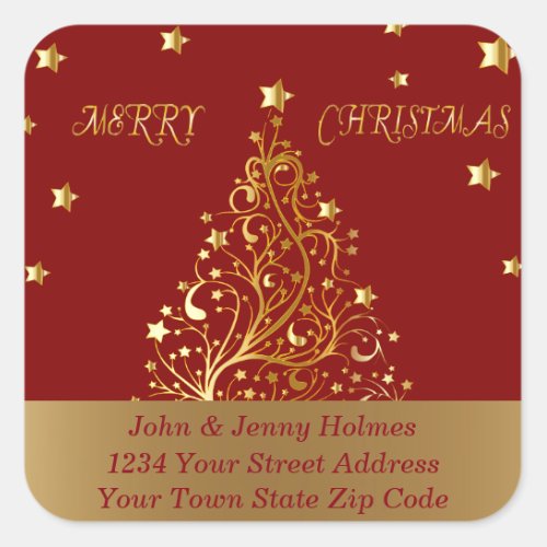 Beautiful metallic gold Christmas tree on dark red Square Sticker