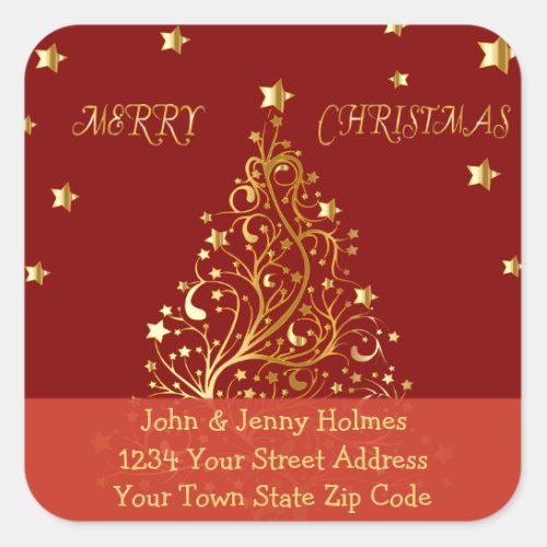 Beautiful metallic gold Christmas tree on dark red Square Sticker