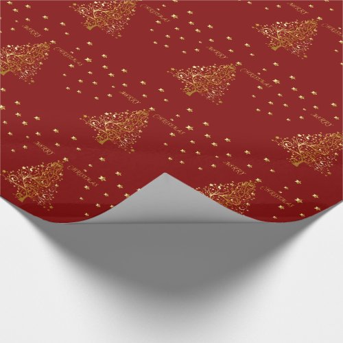 Beautiful metallic gold Christmas tree on dark red Wrapping Paper