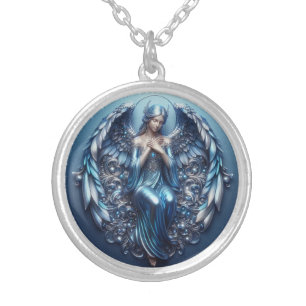 Beautiful metallic Guardian Angel in blue Silver Plated Necklace