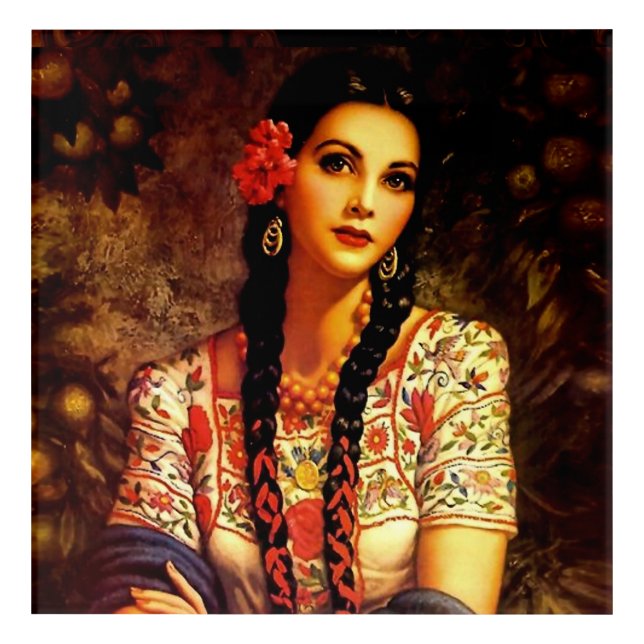 Beautiful Mexican Calendar Girl In Deep Thought   Acrylic Print (Front)