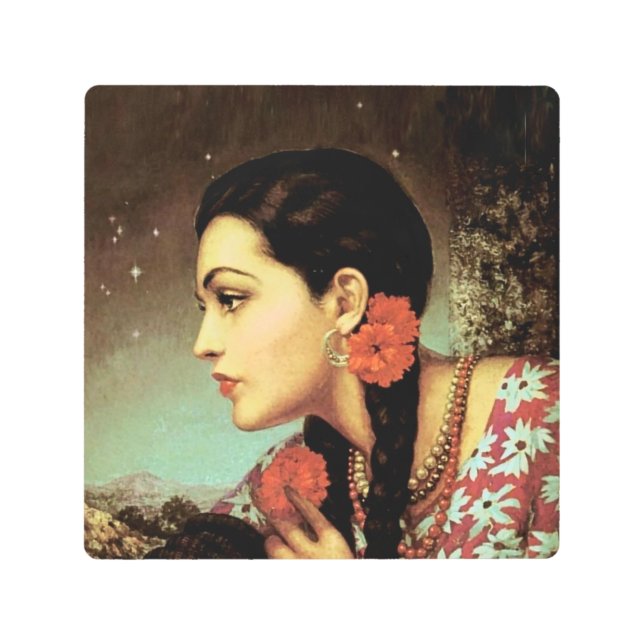 Beautiful Mexican Calendar Girl In Deep Thought  Metal Print (Front)