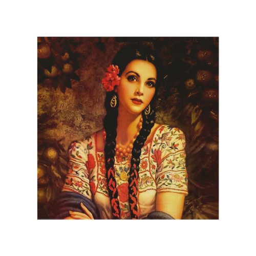 Beautiful Mexican Calendar Girl In Deep Thought  Wood Wall Art