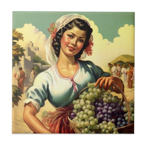 Beautiful Mexican Calendar Girl in Grape Harvest   Ceramic Tile