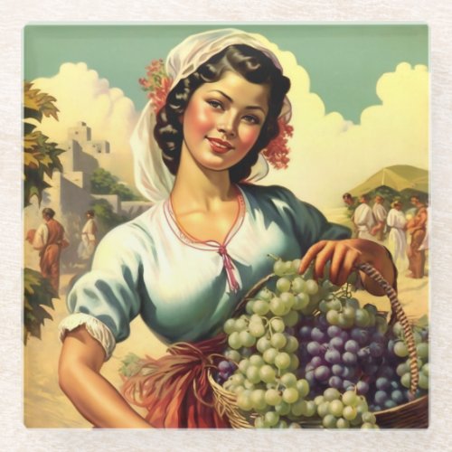 Beautiful Mexican Calendar Girl in Grape Harvest  Glass Coaster