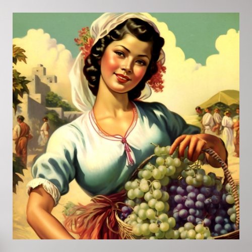 Beautiful Mexican Calendar Girl in Grape Harvest  Poster