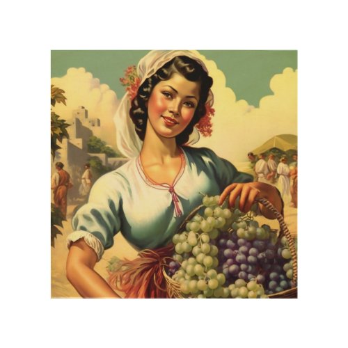 Beautiful Mexican Calendar Girl in Grape Harvest  Wood Wall Art