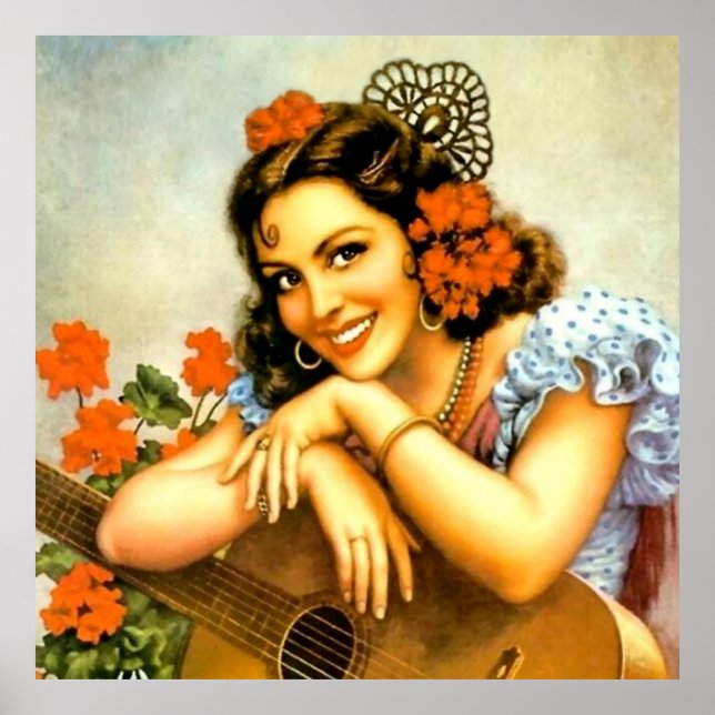 Beautiful Mexican Calendar Girl with Guitar  Poster (Front)