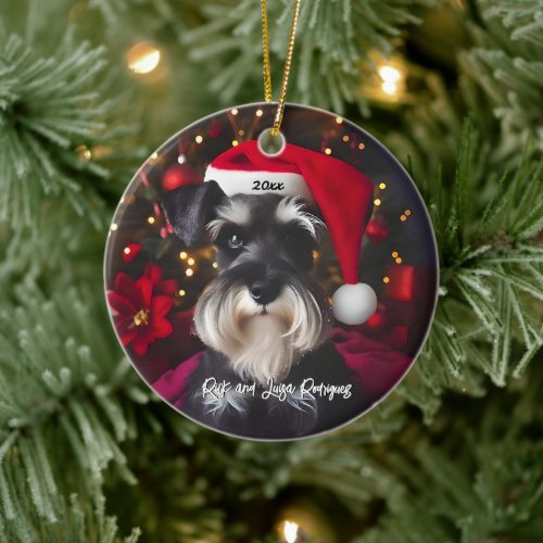 Beautiful Miniature Schnauzer with Santa Hat Ceramic Ornament