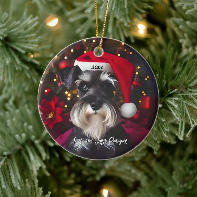 Beautiful Miniature Schnauzer with Santa Hat Ceramic Ornament (Tree)