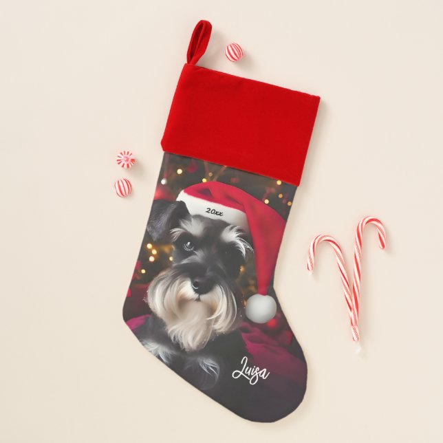 Beautiful Miniature Schnauzer with Santa Hat Christmas Stocking (Front)