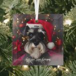 Beautiful Miniature Schnauzer with Santa Hat Glass Ornament