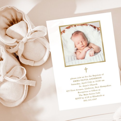 Beautiful Minimalism  Faux Gold Photo Baptism Invitation