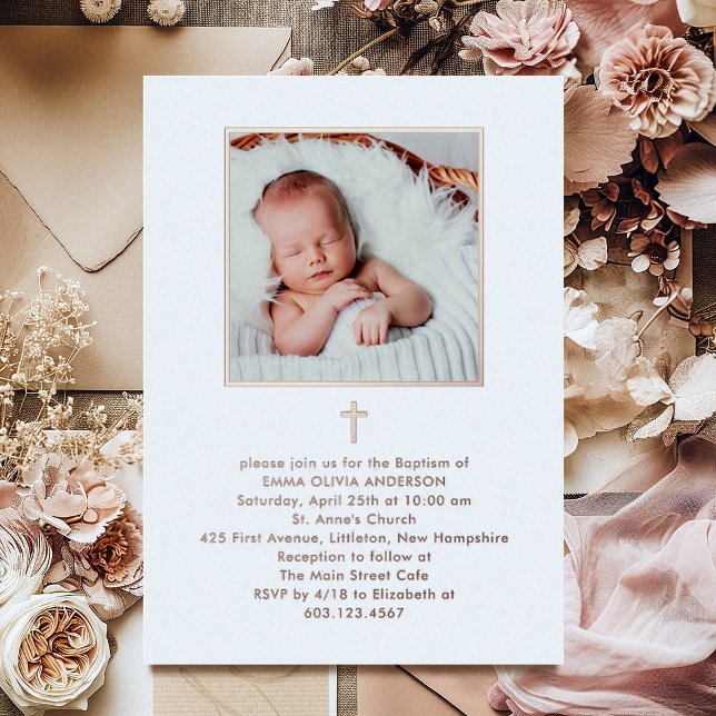 Beautiful Minimalism Photo Baptism | Rose Gold Foil Invitation (Creator Uploaded)