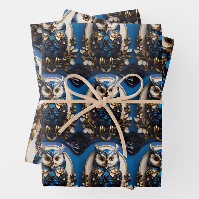 Beautiful minimalistic Blue Owl Wrapping Paper Sheets (In situ)