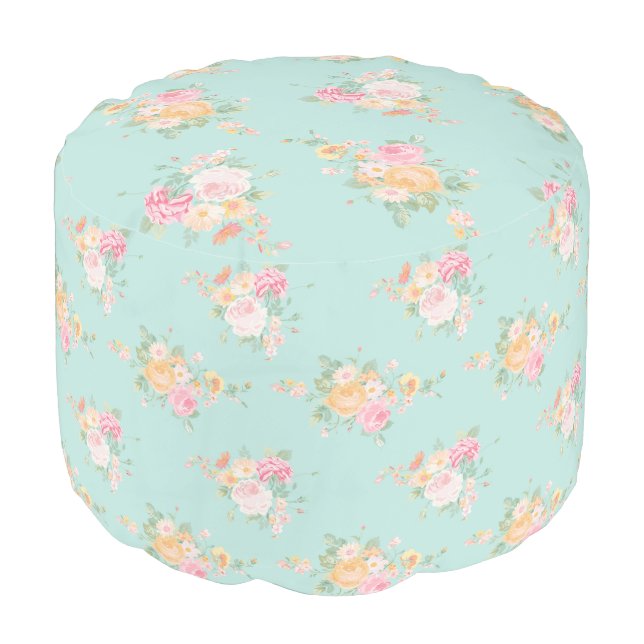 beautiful, mint,shabby chic, country chic, floral, pouf (Angled Front)