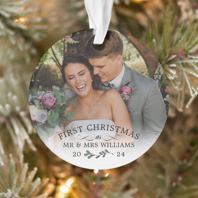 Beautiful Mistletoe First Christmas Mr & Mrs Photo Ornament (Tree)