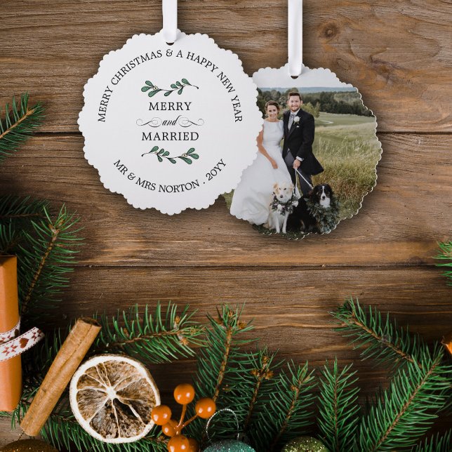 Beautiful Mistletoe Merry Married Christmas Photo Ornament Card (Creator Uploaded)